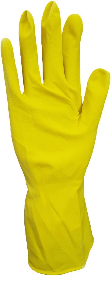A close up of a yellow rubber glove on a white background.
