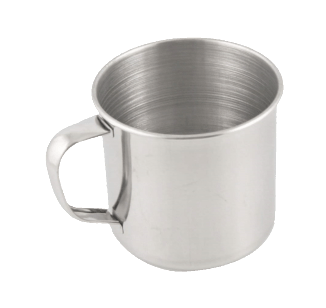 A stainless steel mug with a handle on a white background
