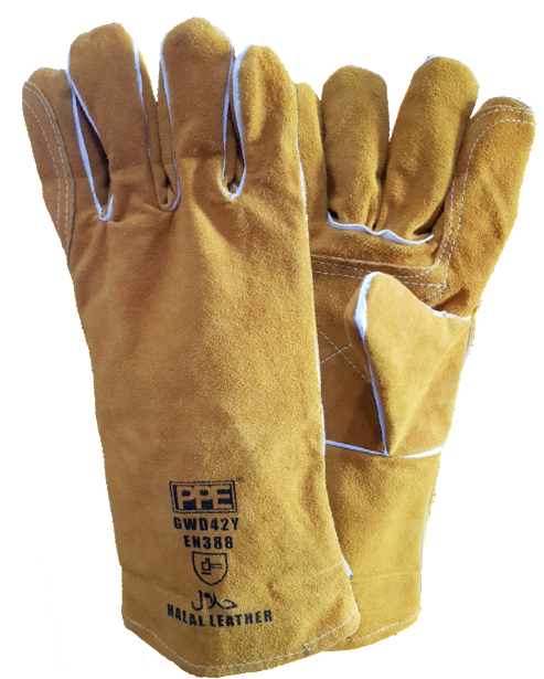A pair of welding gloves with the letters eee on them