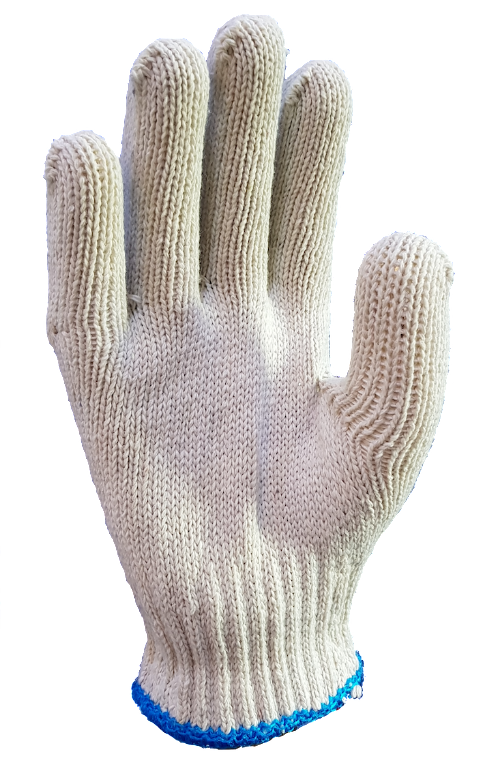 A pair of white knitted gloves with a blue rubber band on a white background.