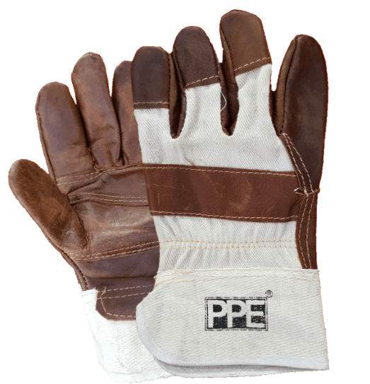 A pair of brown and white ppe gloves on a white background