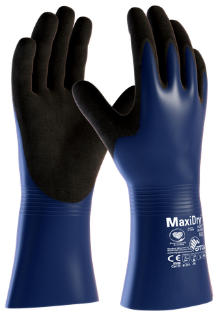 A pair of blue gloves with black rubber soles