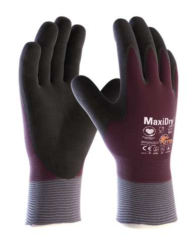 A pair of black and purple maxidry gloves