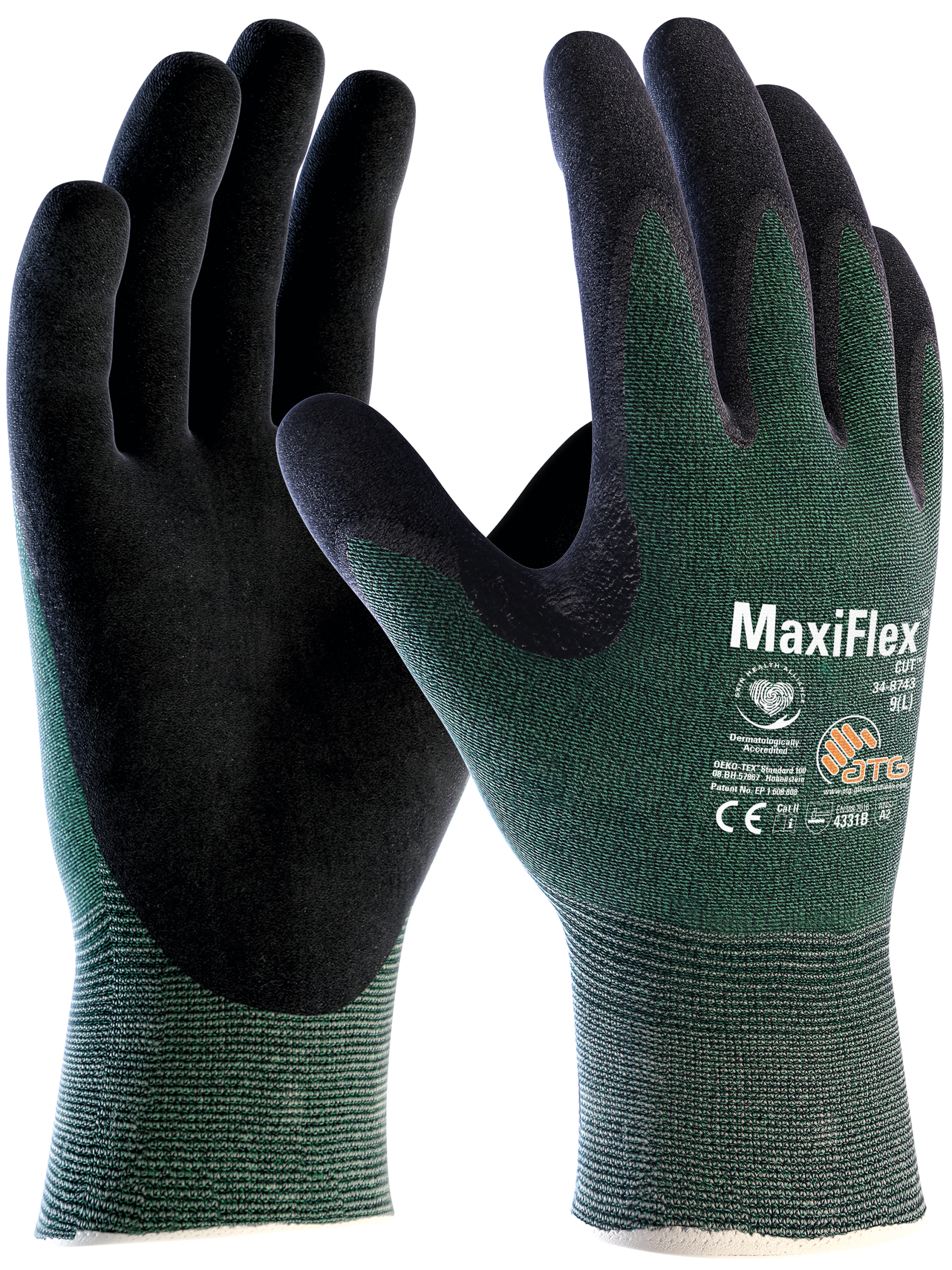 A pair of black and green maxiflex gloves