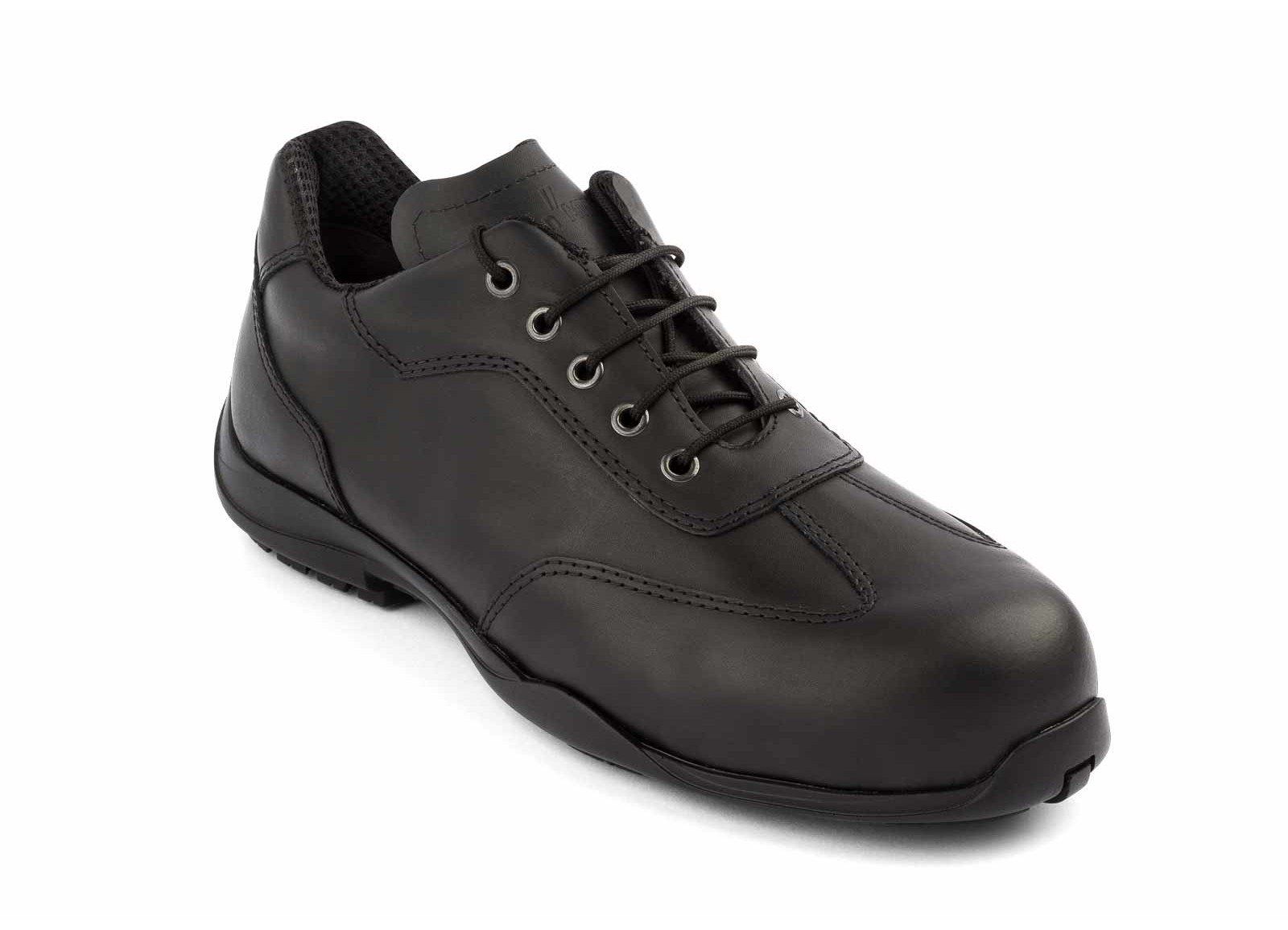 A pair of black safety shoes on a white background