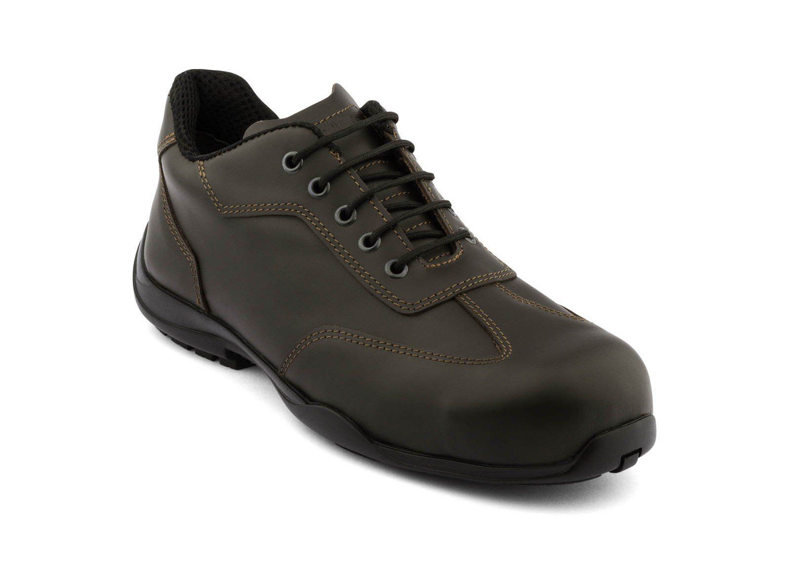 A pair of brown leather safety shoes on a white background.