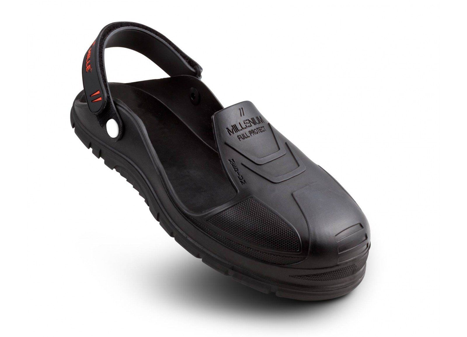 A pair of black safety shoes with a rubber sole on a white background
