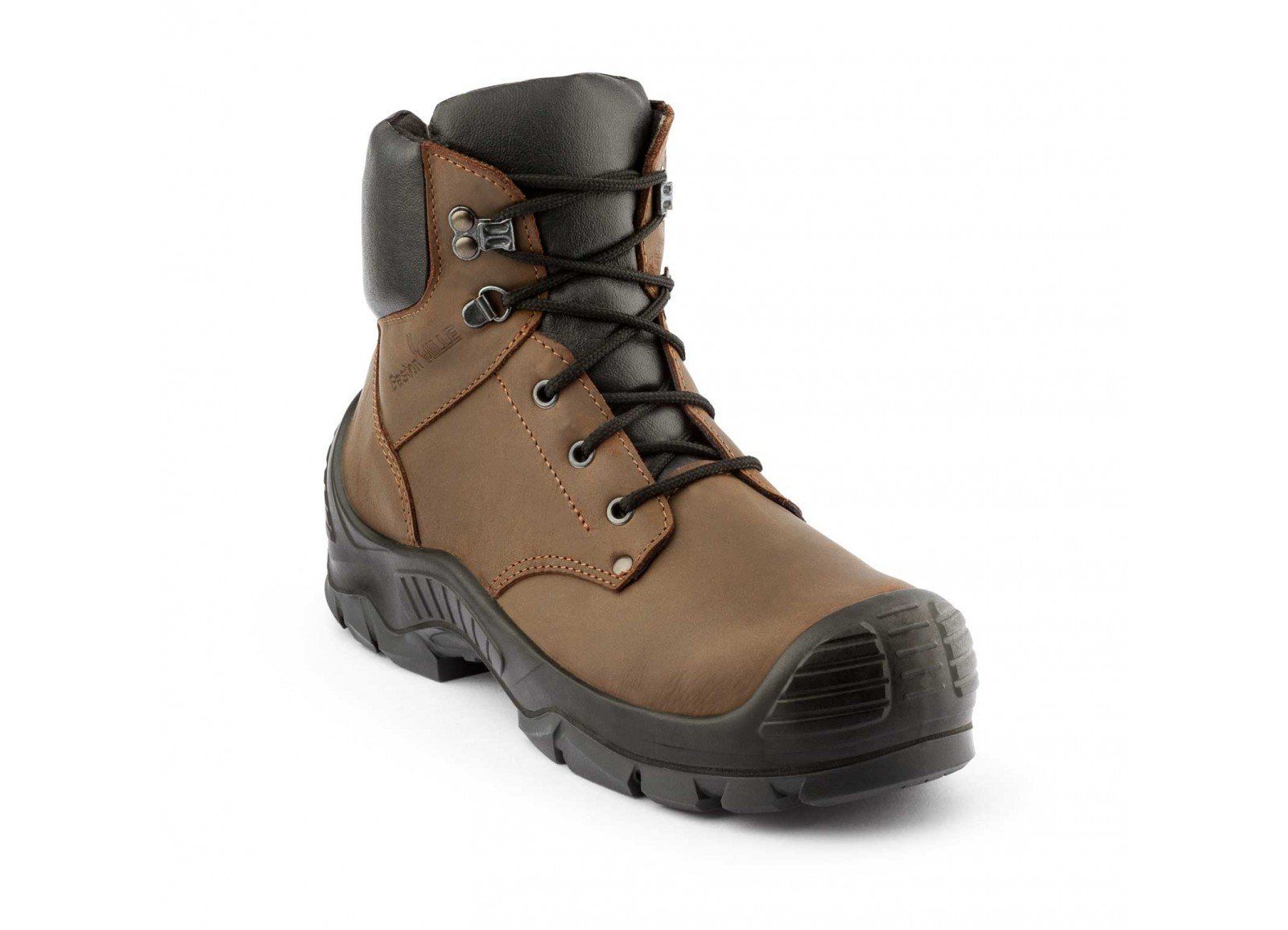 A pair of brown and black safety boots on a white background.