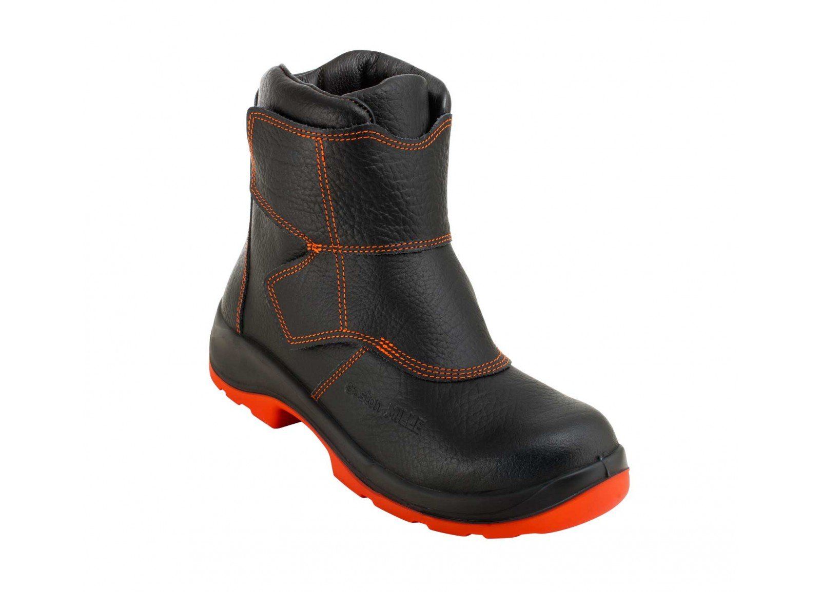 A pair of black and orange safety boots on a white background