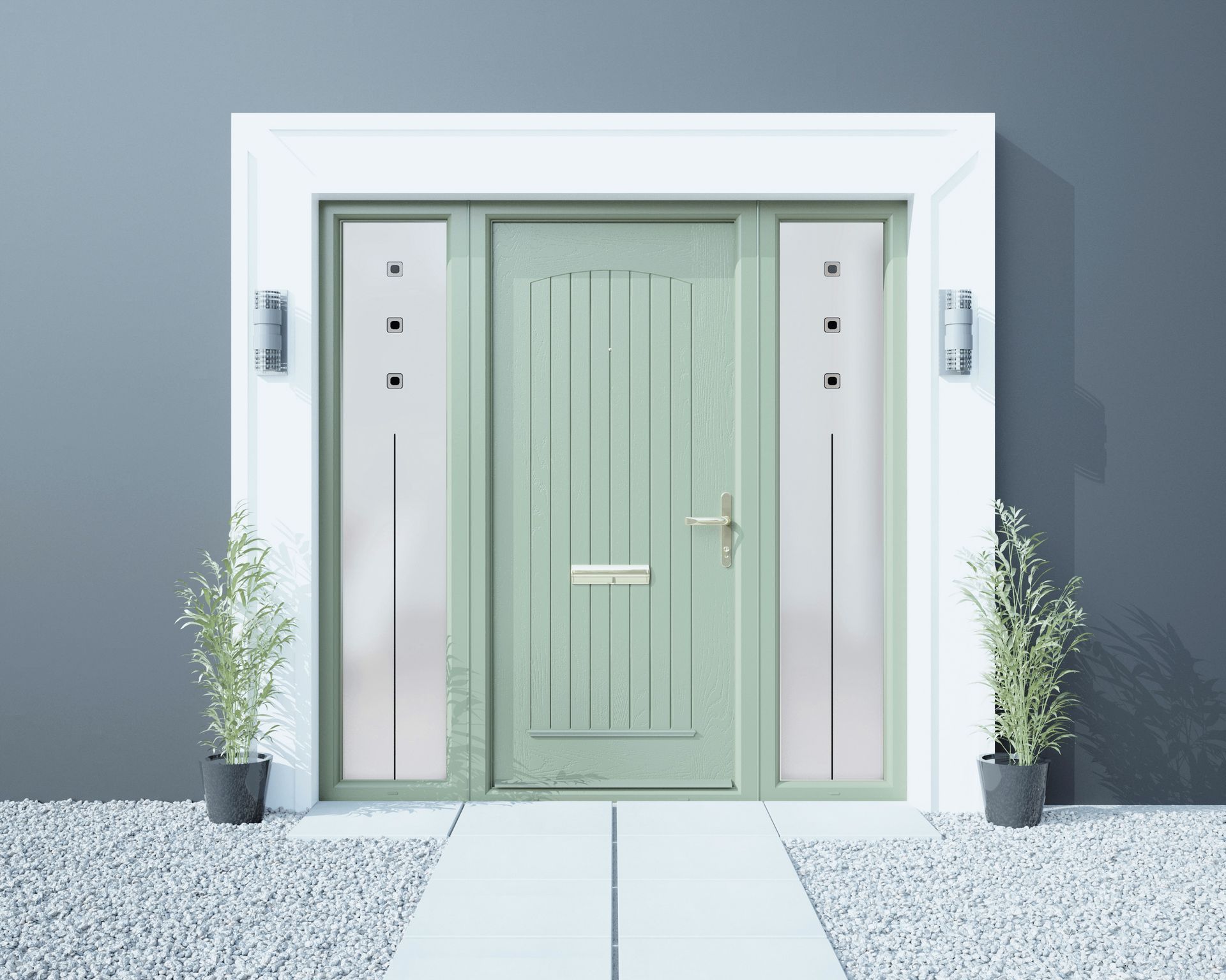 A green front door with a white frame and two potted plants in front of it.