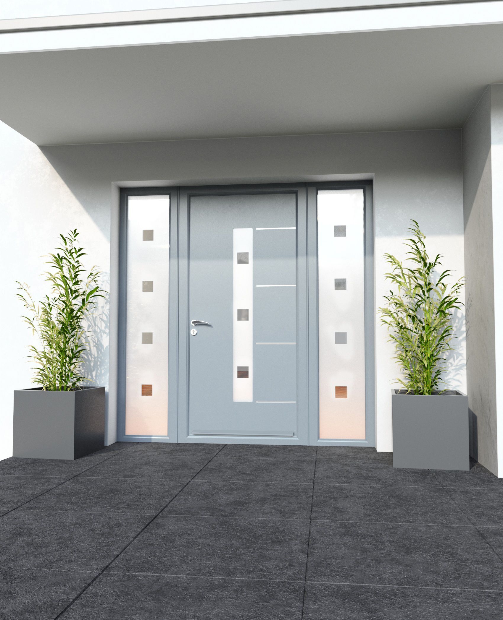 A front door with two potted plants in front of it.