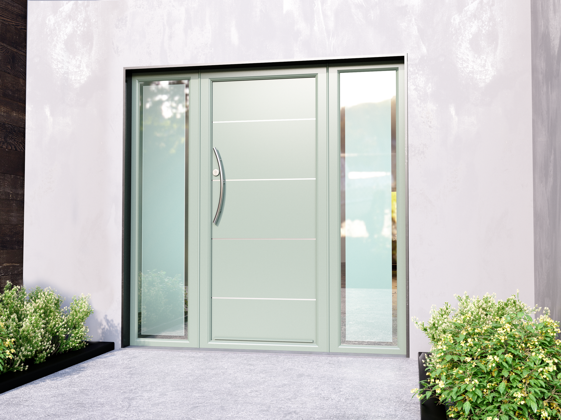 A white door with a stainless steel handle