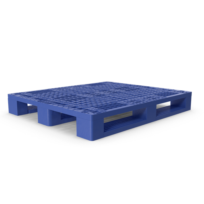 A blue plastic pallet ready to be tracked with Hive Meshworx Technology