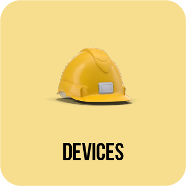 A yellow hard hat is on a yellow background with the words `` devices '' below it.