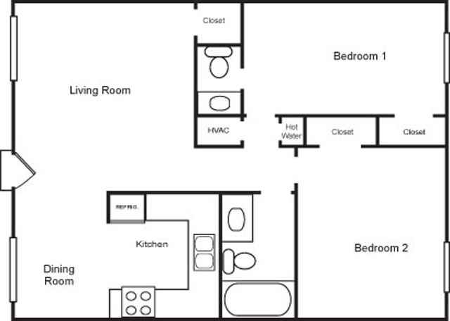 2 bed, 1.5 bath floor plan