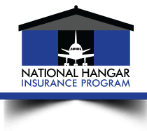 A logo for the national hangar insurance program with an airplane in the background.