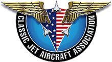 A logo for the classic jet aircraft association with an american flag and wings.