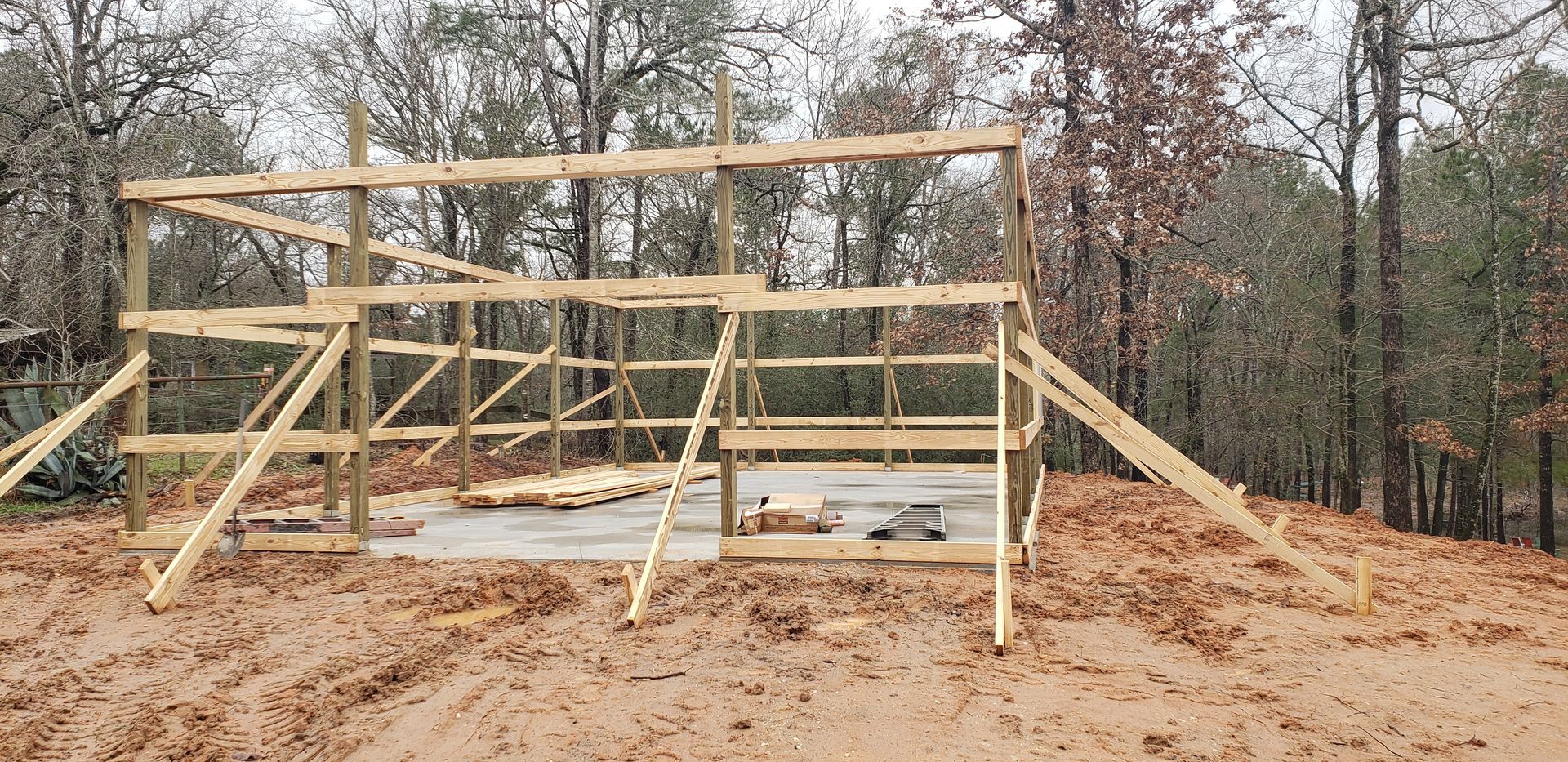 Wooden frame of a barn being built on a concrete slab in a wooded area.