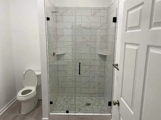 A bathroom with a toilet and a walk in shower.