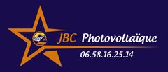 Logo pour JBC Photovoltaïque, avec une étoile orange, du texte et un numéro de téléphone sur un fond bleu foncé.