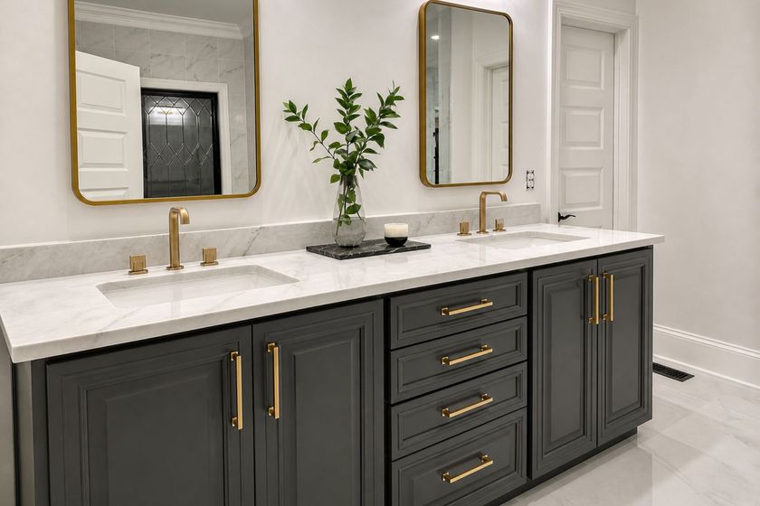 Modern double vanity bathroom with gray cabinets, gold fixtures, and two framed mirrors