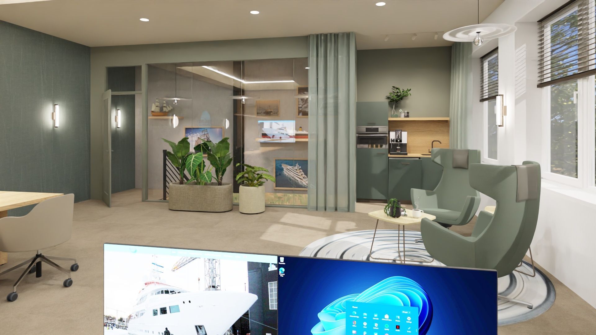 Moderne woonkamer met grijze muren, groene stoel, grote ramen, potplanten en een bureau op de achtergrond.