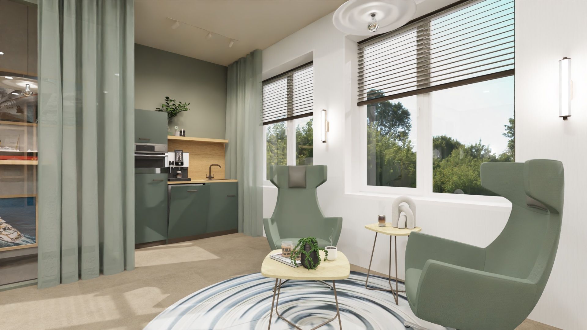 Moderne woonkamer met groene stoelen, rond vloerkleed, grote ramen en een kleine eethoek.
