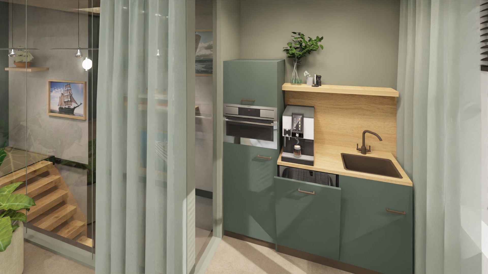 Moderne keuken met groene kasten, houten aanrechtblad, spoelbak en transparante gordijnen met uitzicht op een trappenhuis.