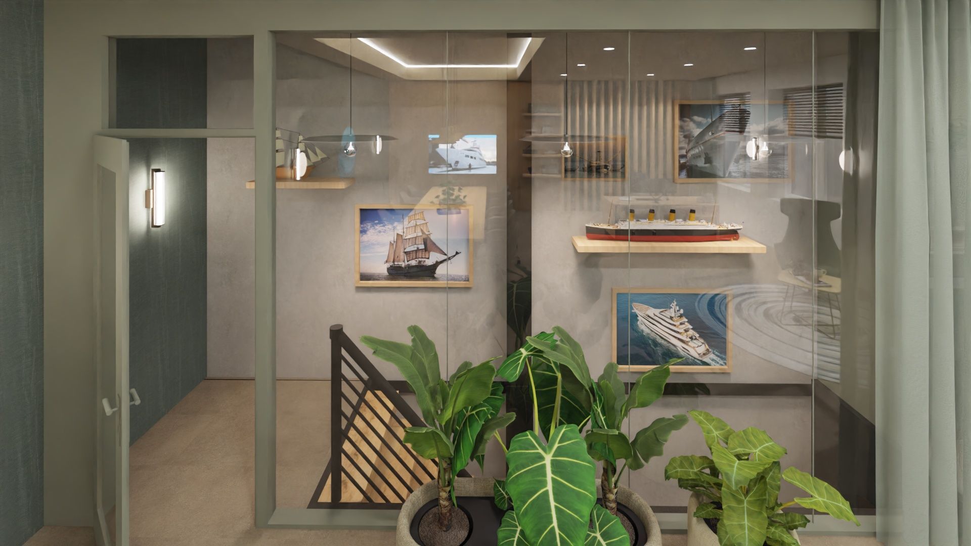 Moderne kantoorlounge met glazen wanden, planten en een trap in een stijlvol interieur.