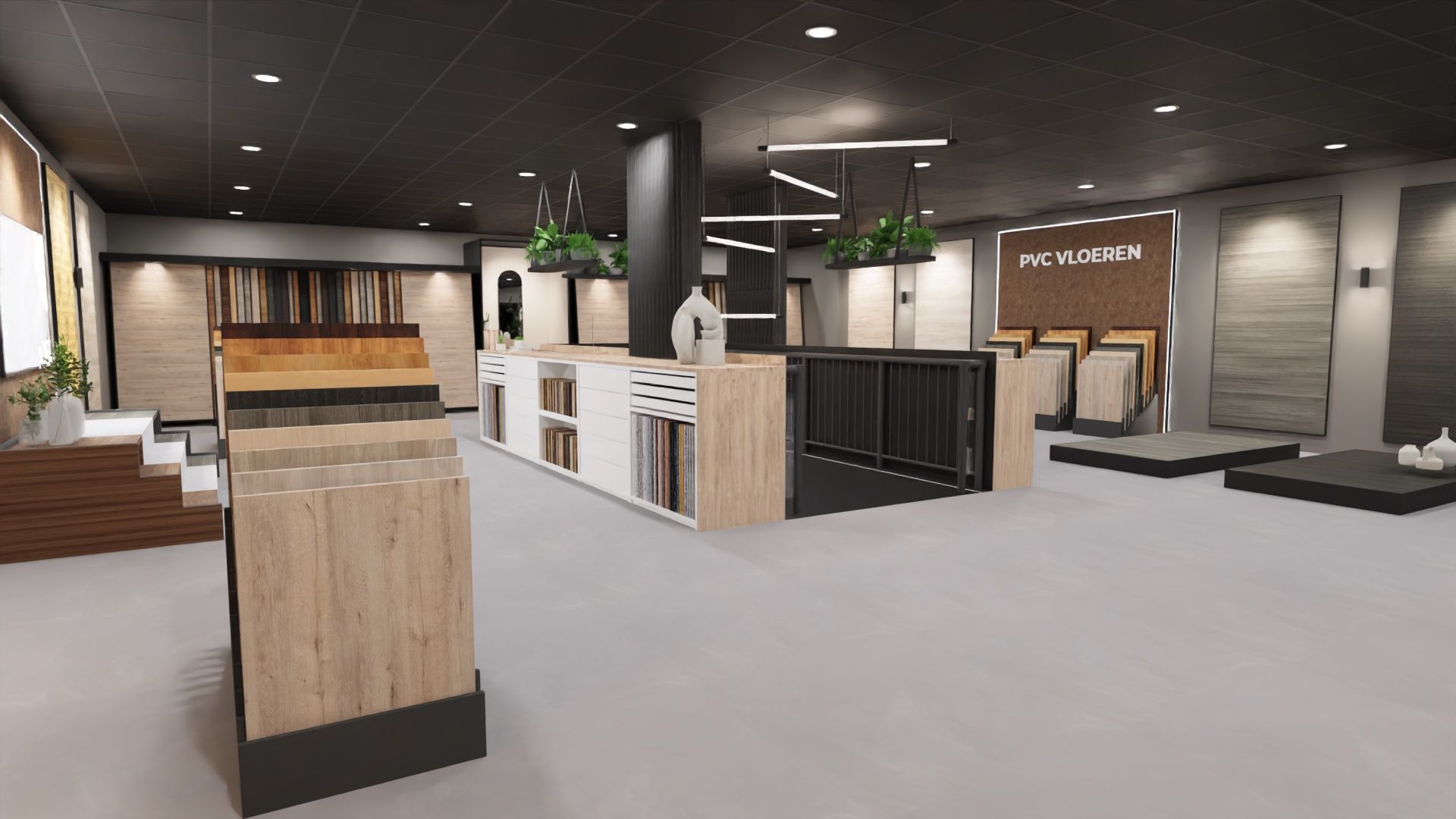Moderne lobby met houten accenten, witte scheidingswanden, zitjes en hangplanten in een ruim interieur.