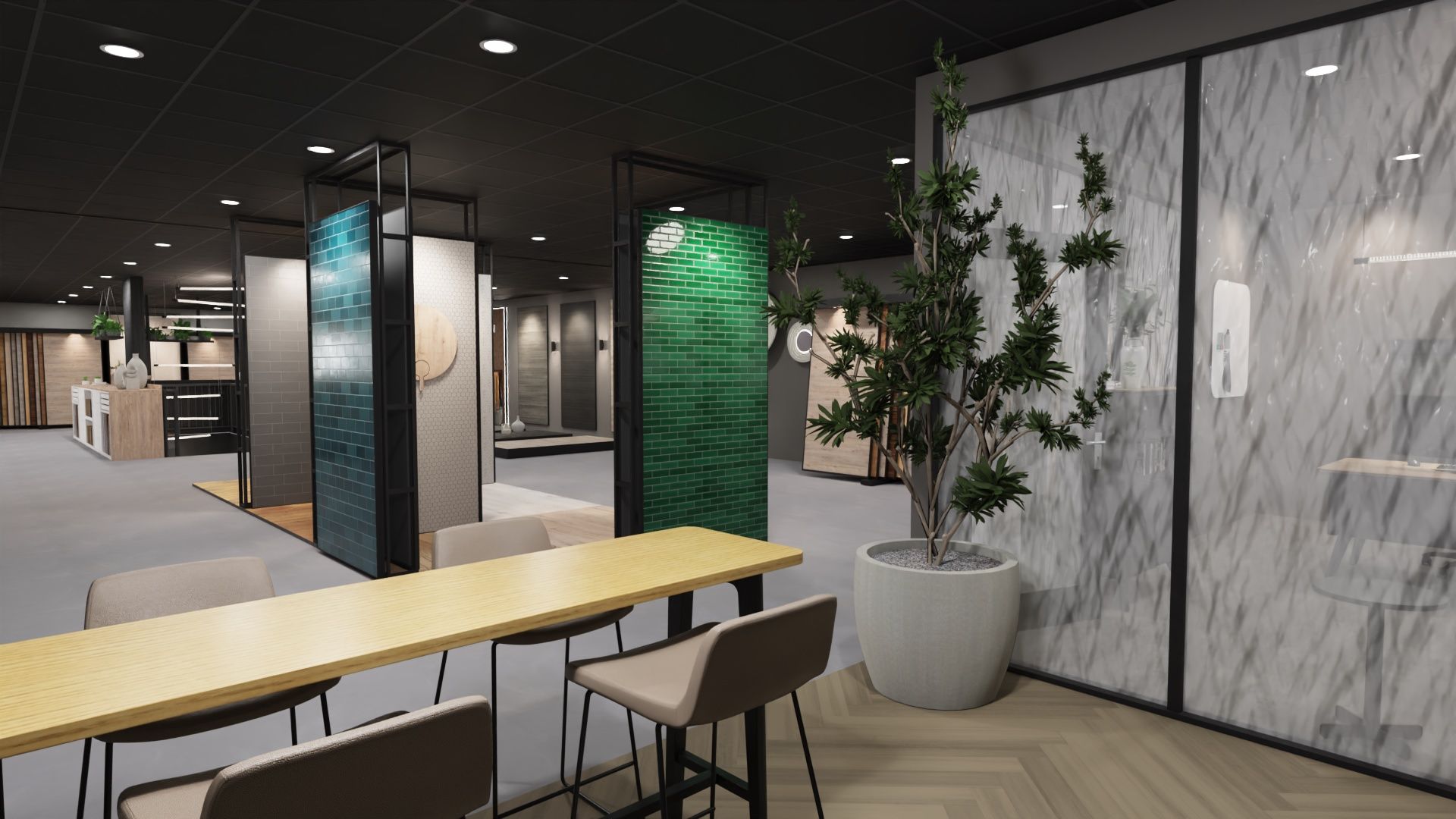 Modern café-interieur met houten tafels, groene scheidingswanden, planten en marmeren wandpanelen.