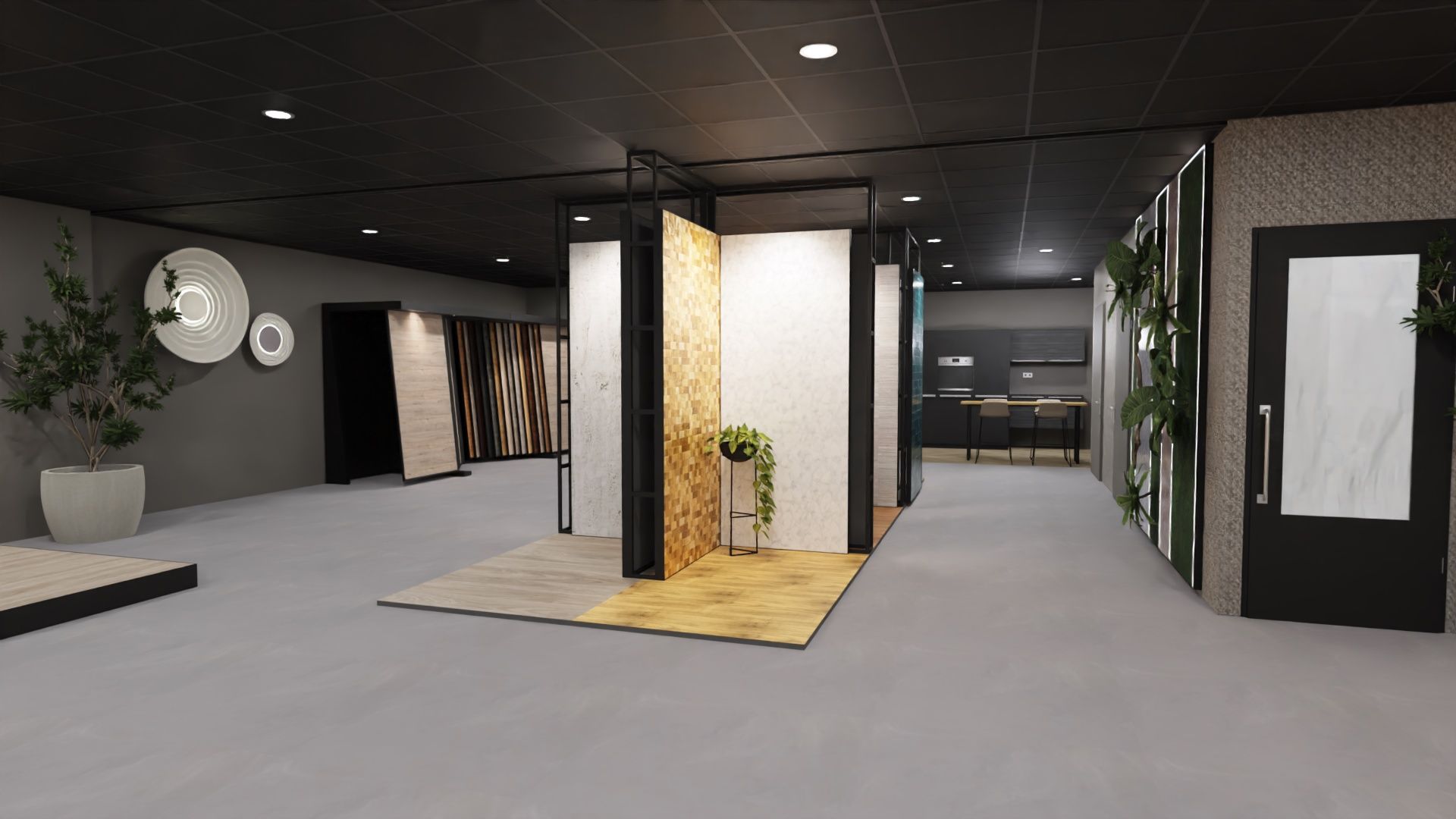 Moderne lobby met donker plafond, lichte vloeren, planten en een centrale scheidingswand met warme verlichting.
