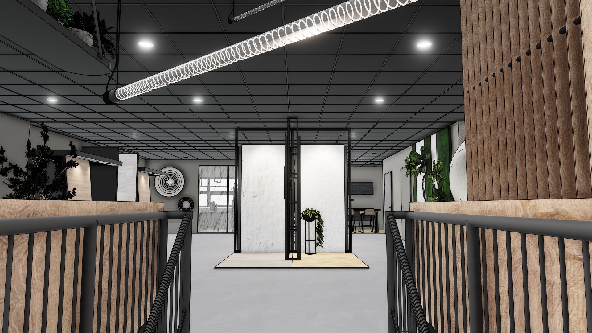 Moderne kantoorlobby met centrale glazen deuren, potplanten, houten accenten en een minimalistisch plafond.
