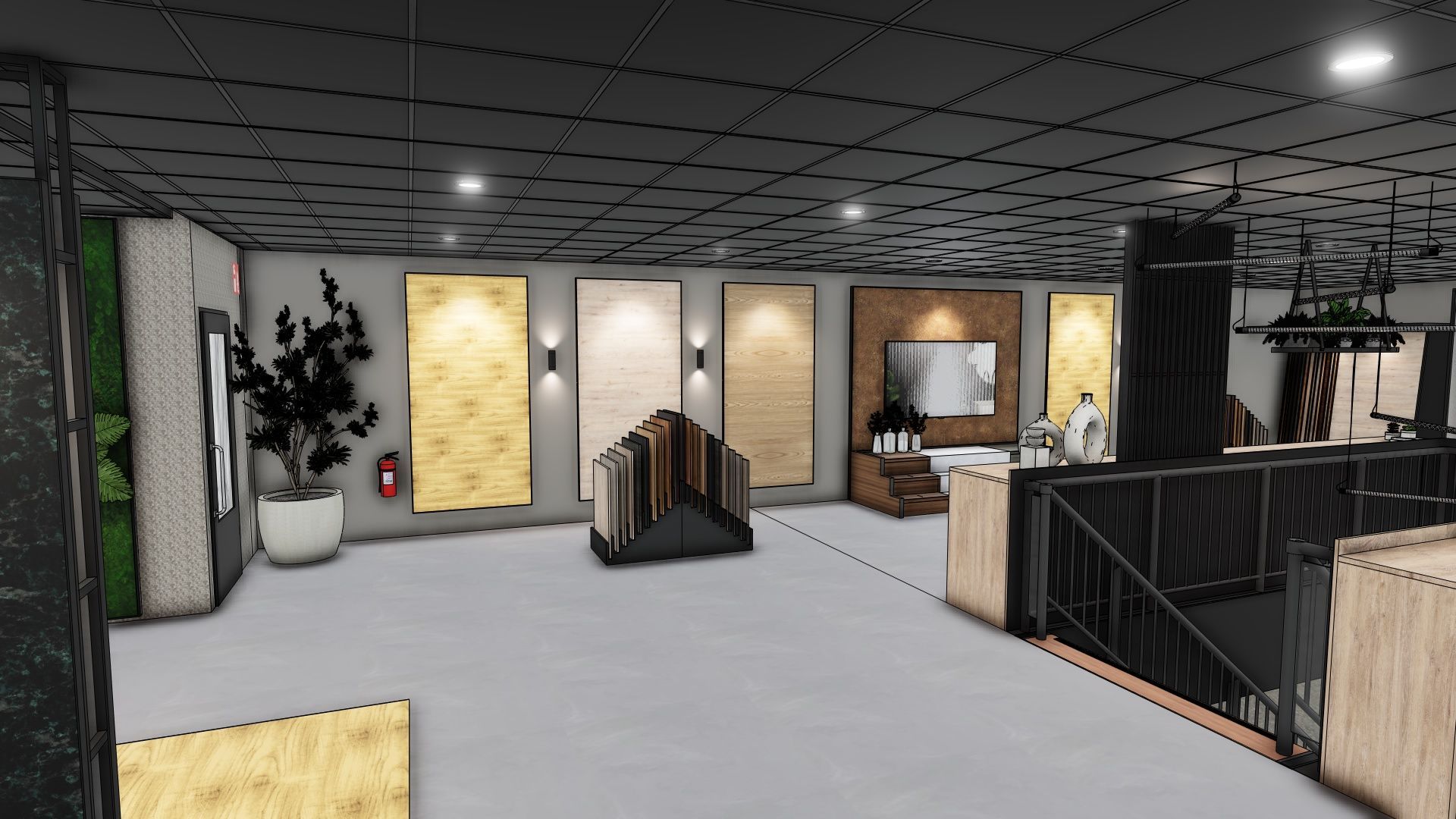 Moderne binnenlobby met grijze vloer, zwart plafond, planten, balustrades en houten zitgedeeltes