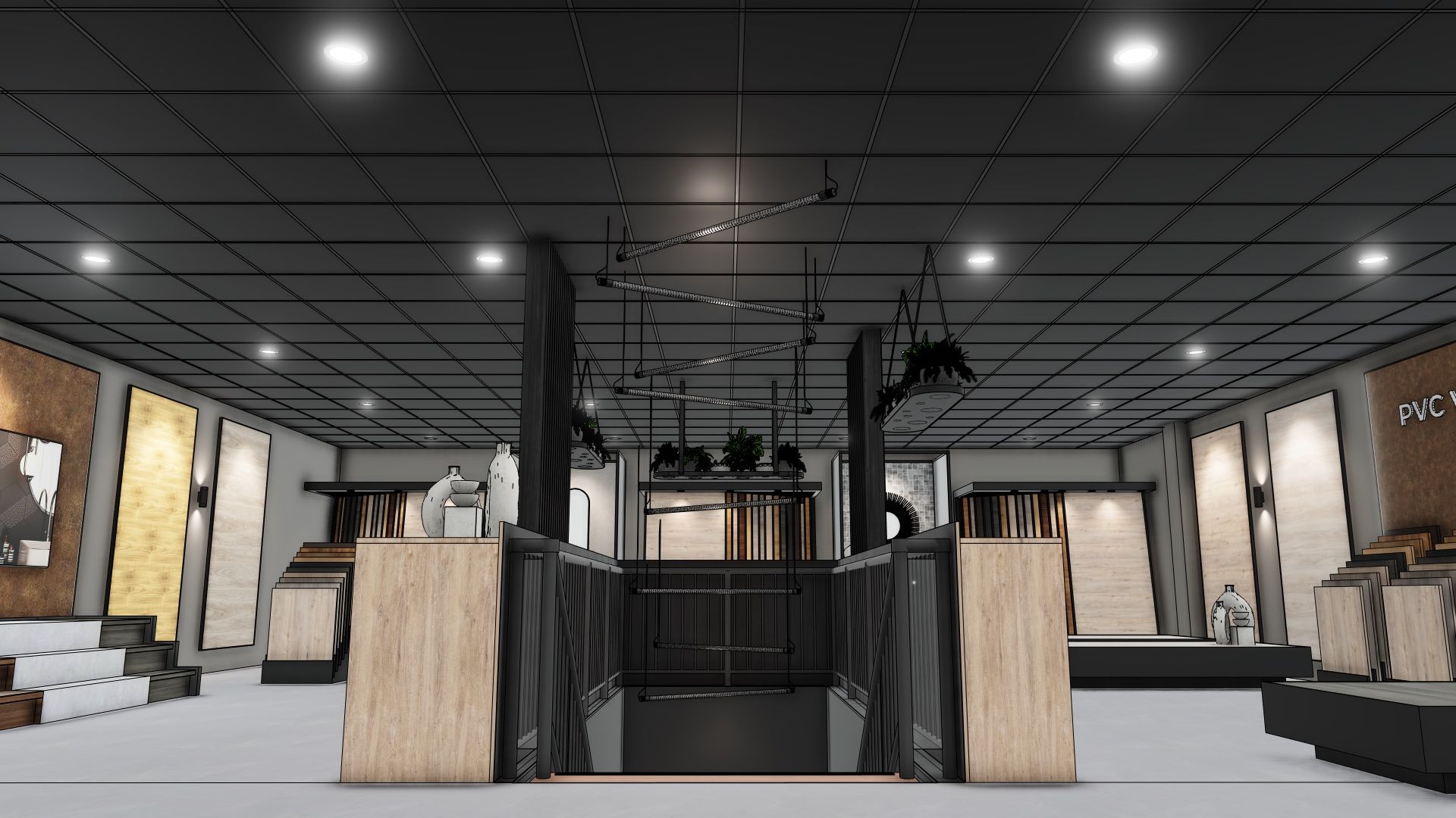Moderne winkelshowroom met schappen, displays en een centrale zwarte toonbank onder heldere plafondverlichting.