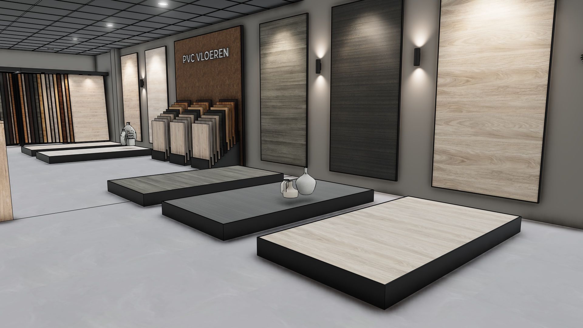 Moderne showroom met aan de muur gemonteerde displaypanelen en stalenbedden in een strak grijs interieur.