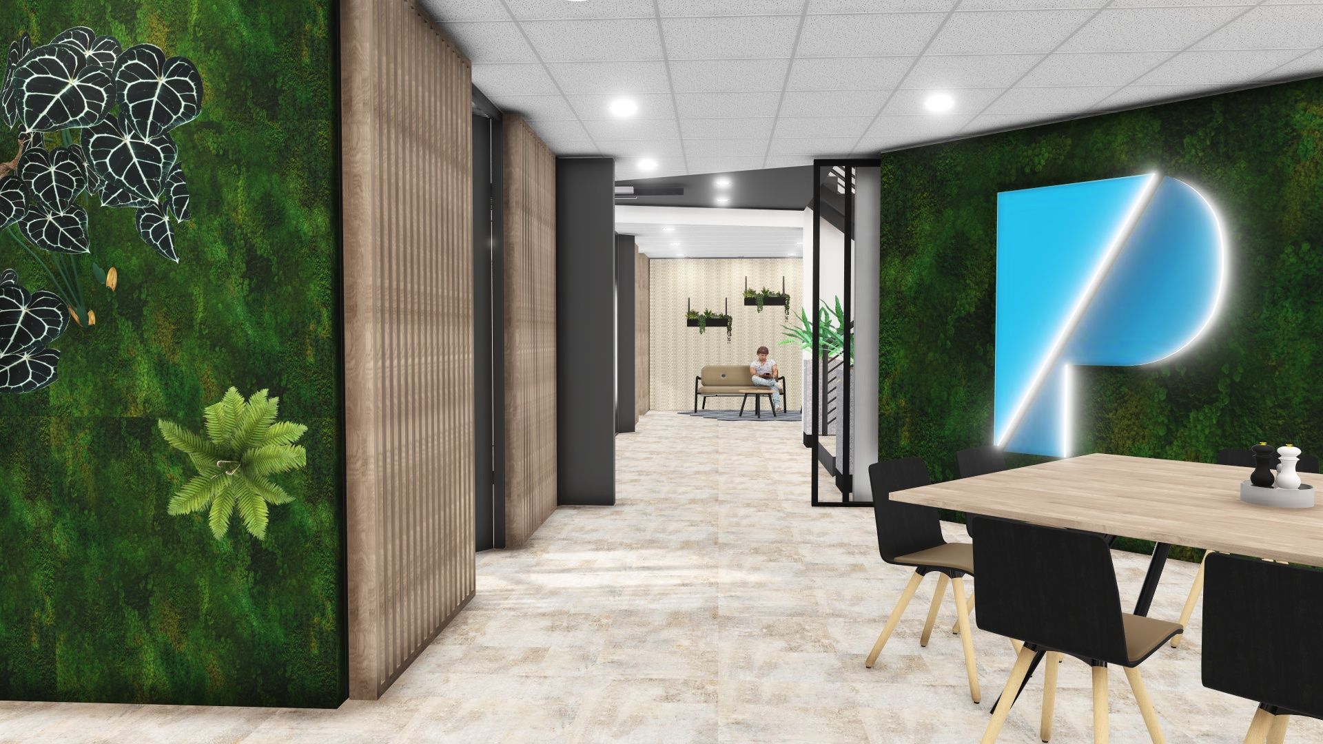 Moderne kantoorhal met groene plantenwanden, zwarte stoelen en een blauw neonbord aan de muur.