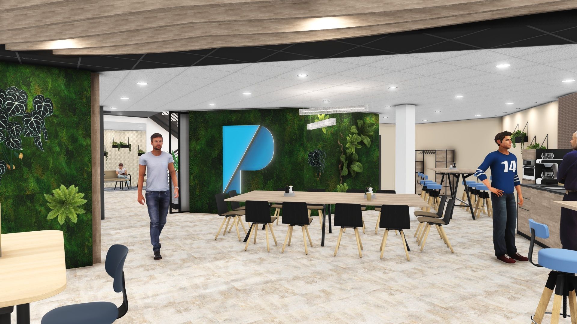 Moderne kantoorlounge met lange tafel, groene muuraccenten en twee personen die bij hun werkplekken staan.