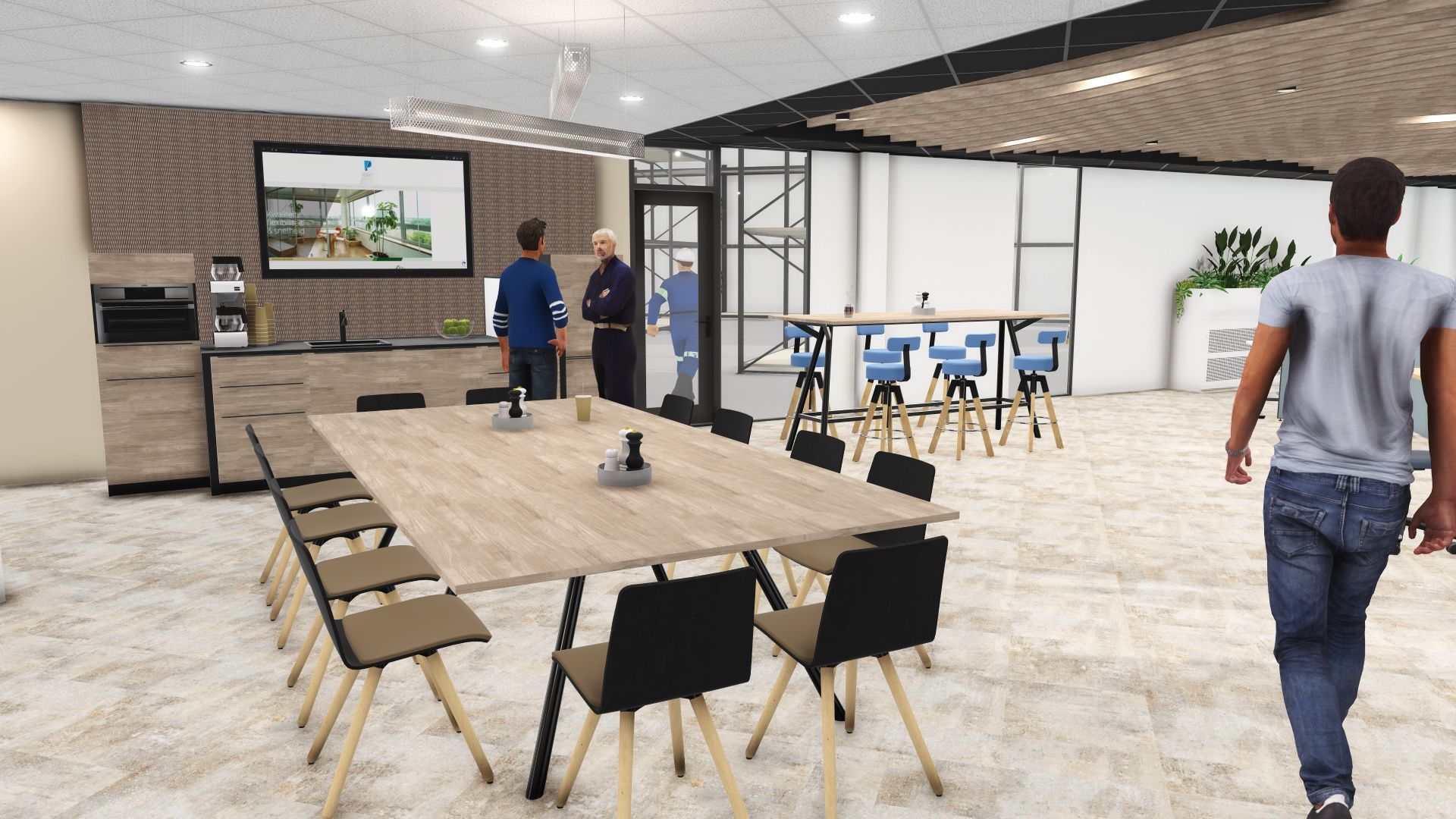 Moderne kantoorlounge met een lange tafel, stoelen, mensen die bij de muur staan ​​en een man die binnenkomt.