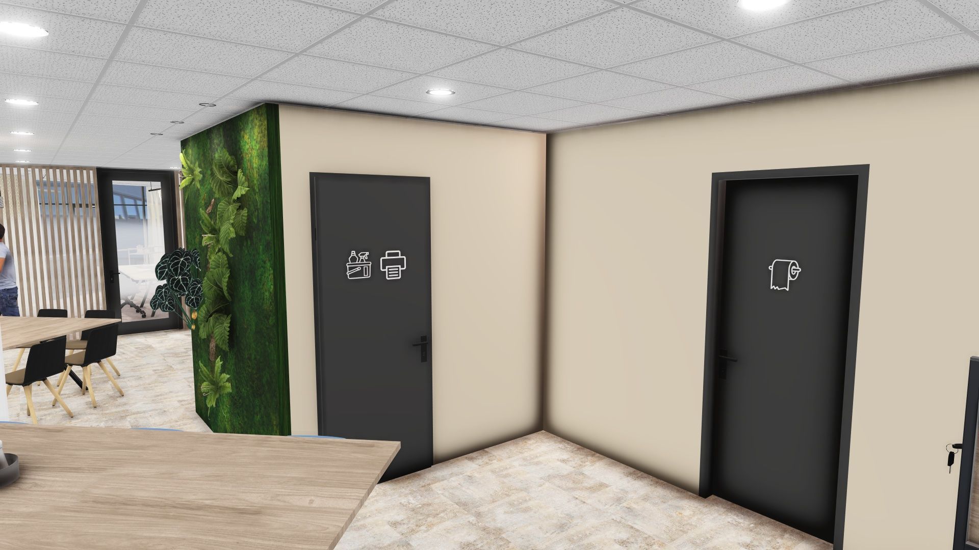 Twee donkere toiletdeuren in een beige gang met groene wandpanelen en tegelvloer.