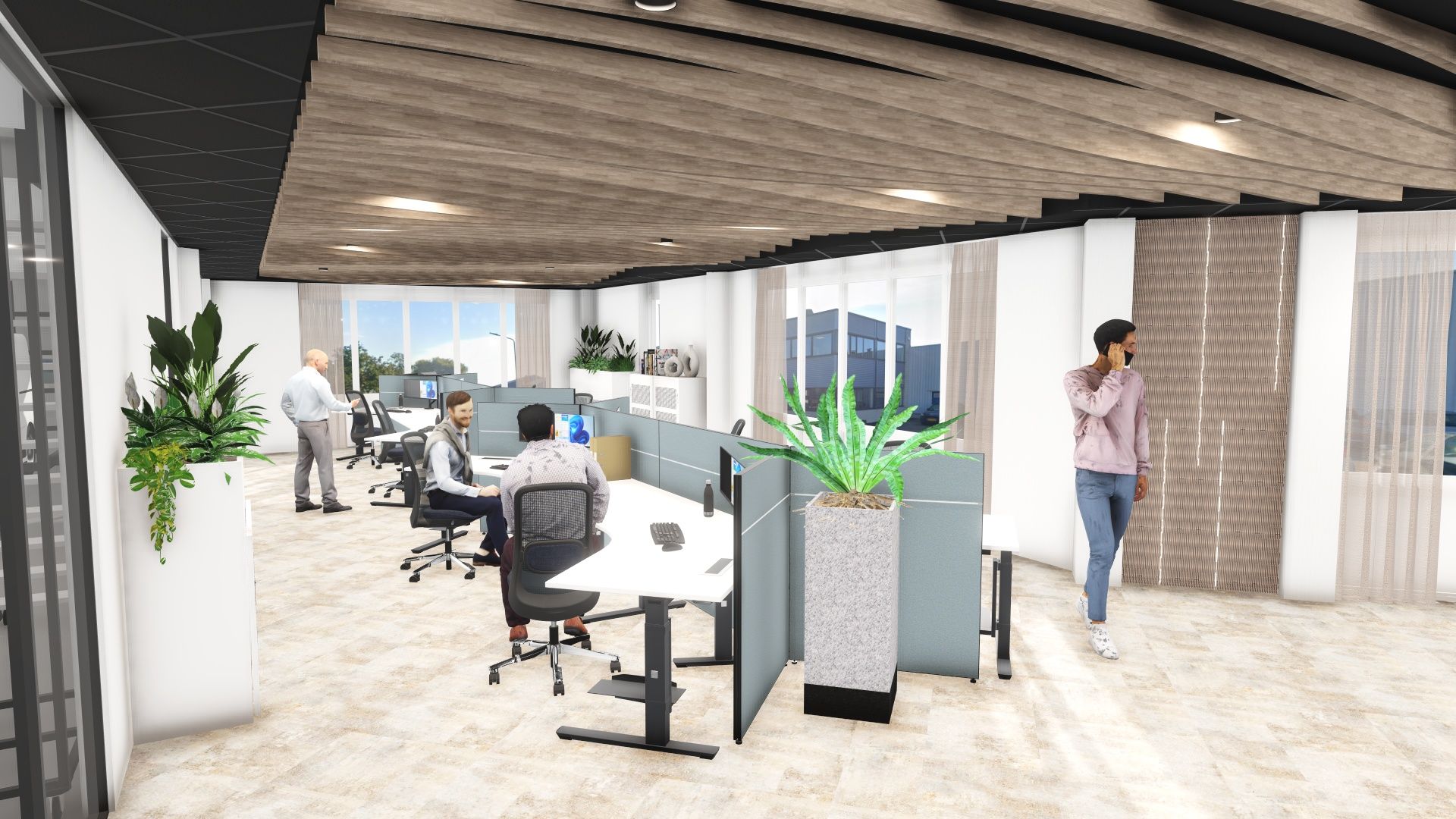 Modern open kantoor met bureaus, stoelen, planten en een persoon die langs grote ramen loopt.