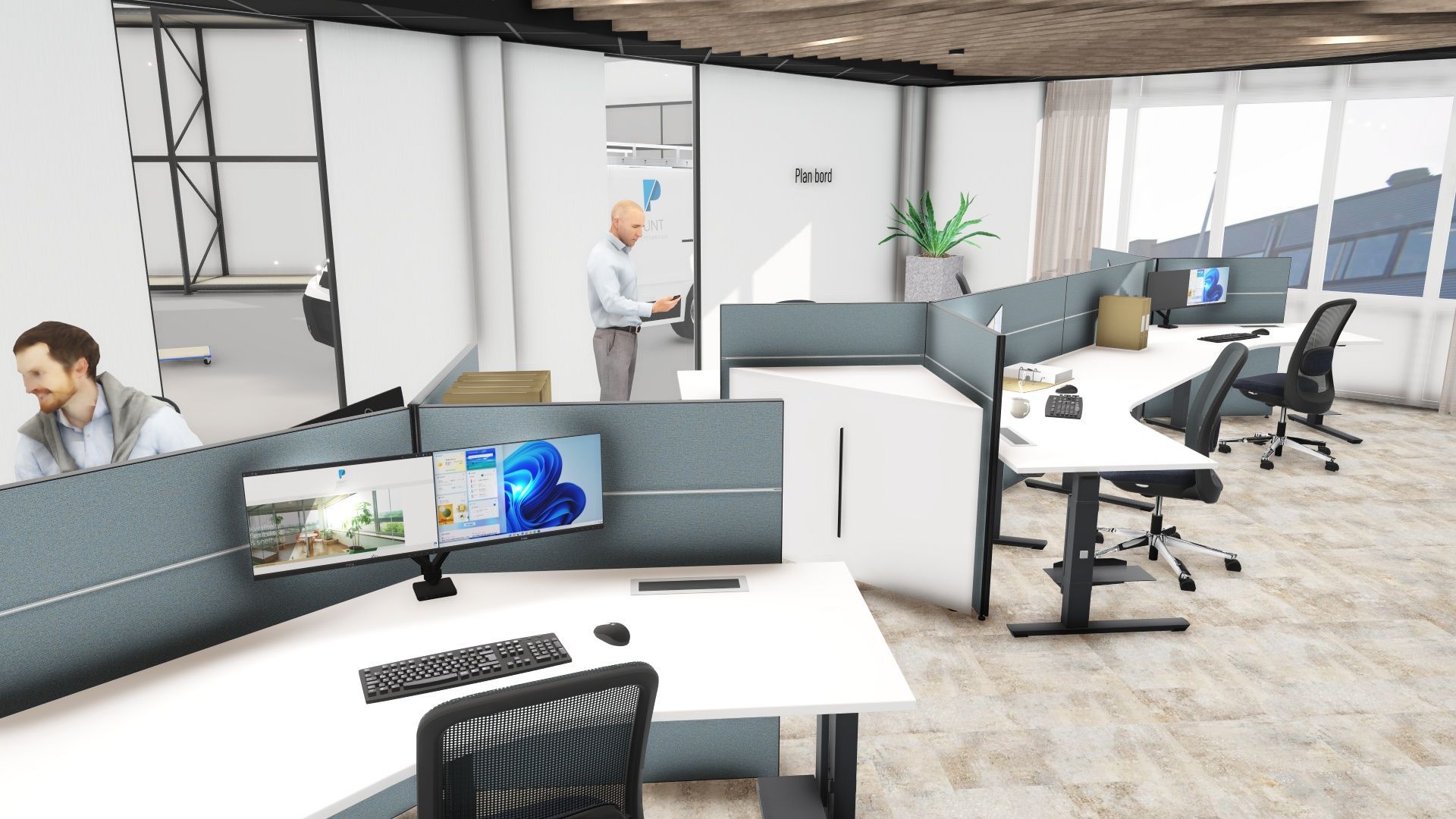 Modern open kantoor met werkplekken, bureaus, computers en mensen die bij grote ramen werken.