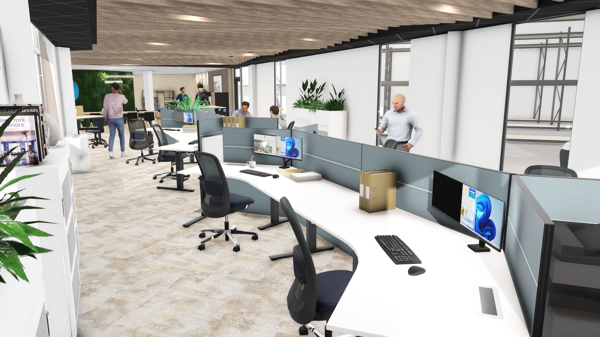 Modern open kantoor met gebogen bureaus, computers, draaistoelen en een persoon die op de achtergrond staat.
