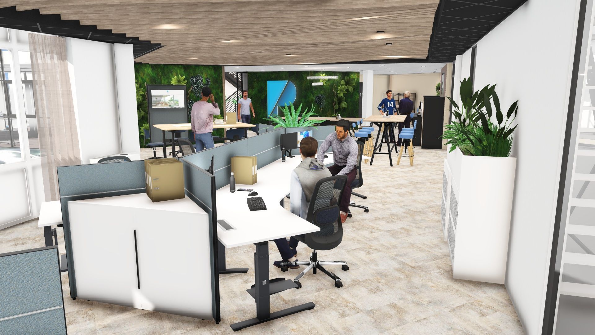 Moderne kantoorlounge met werkplekken, grote ramen, planten en een lichte, open indeling.