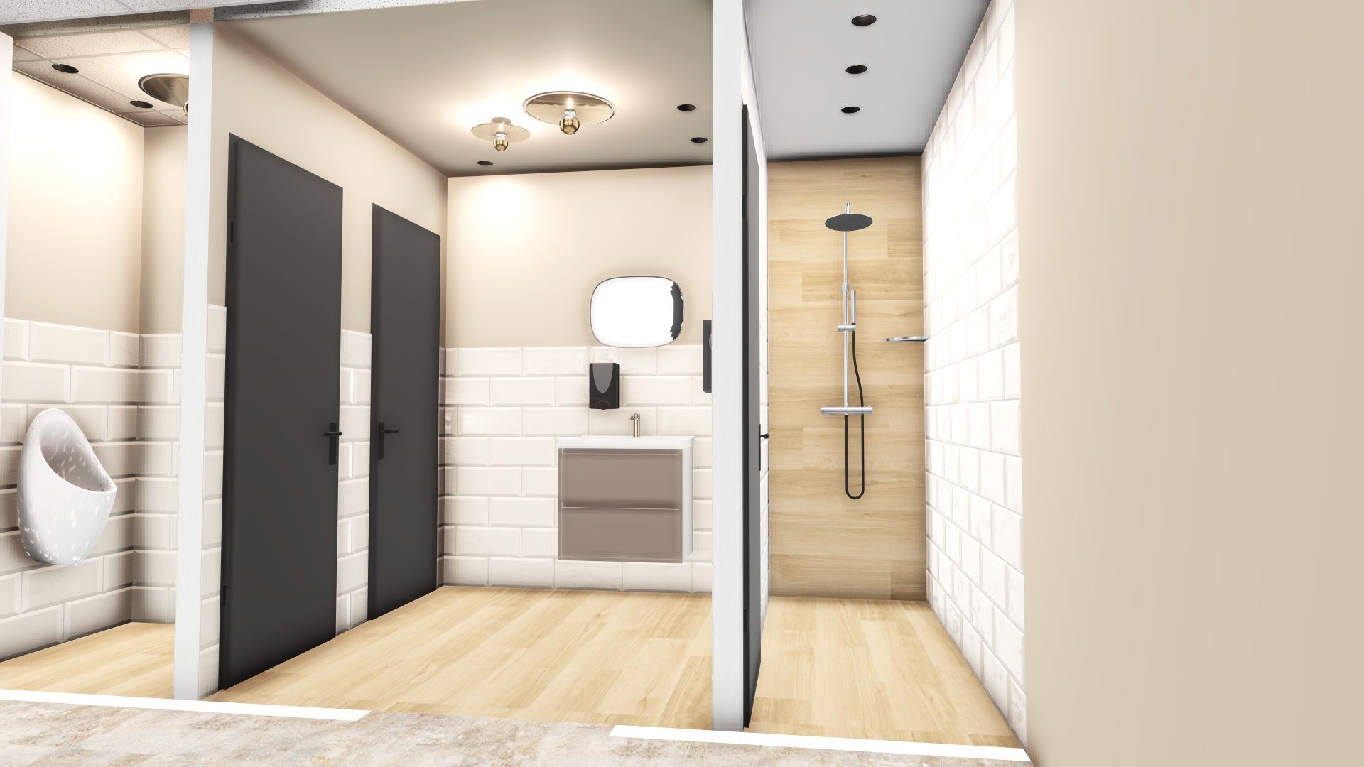 Moderne badkamer met witte metro-tegels, grijze douchecabines, houten accenten en een inloopdouche.