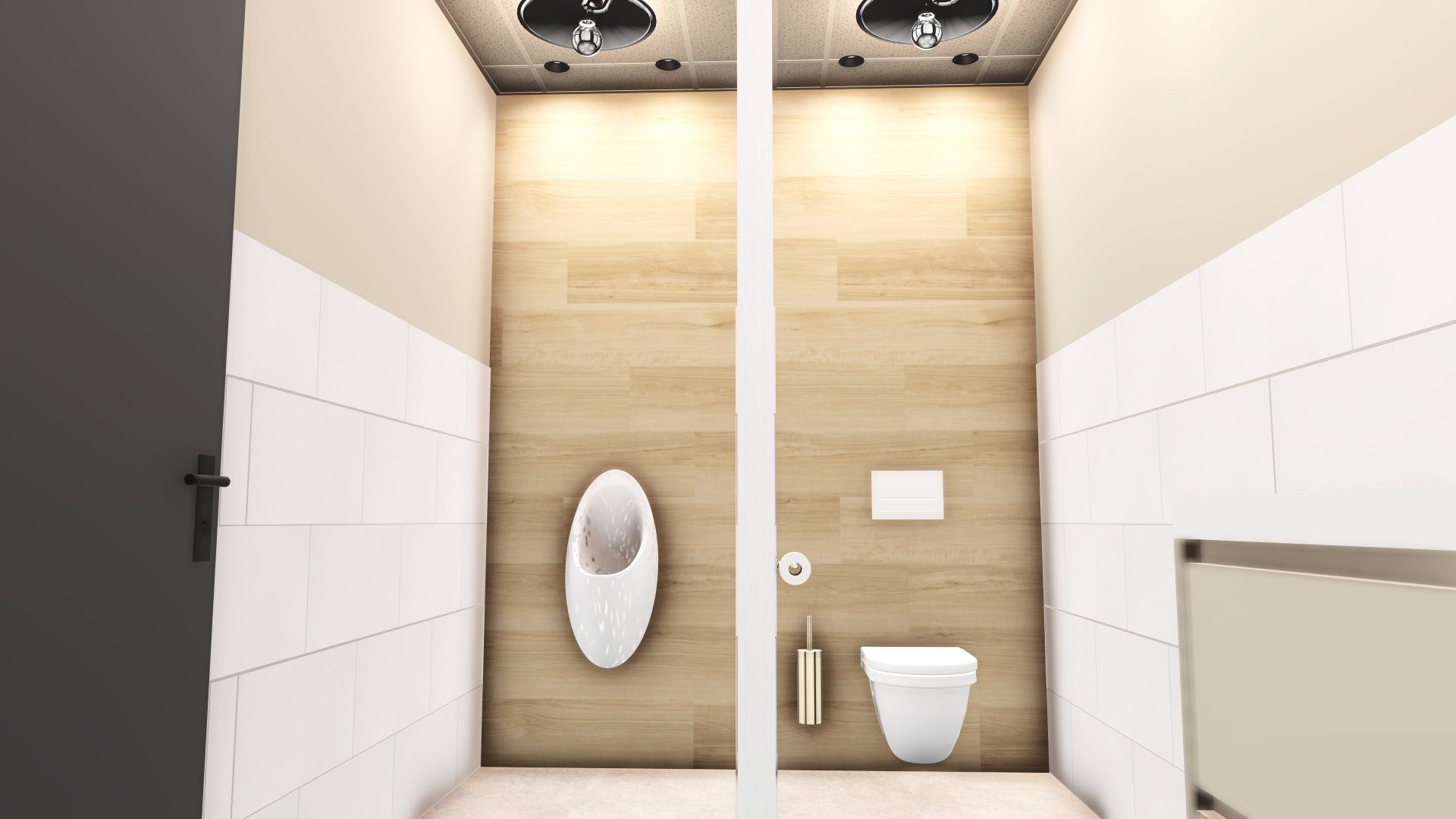 Moderne toiletruimte met twee cabines: een urinoir en een toilet, witte tegels en houten lambrisering.