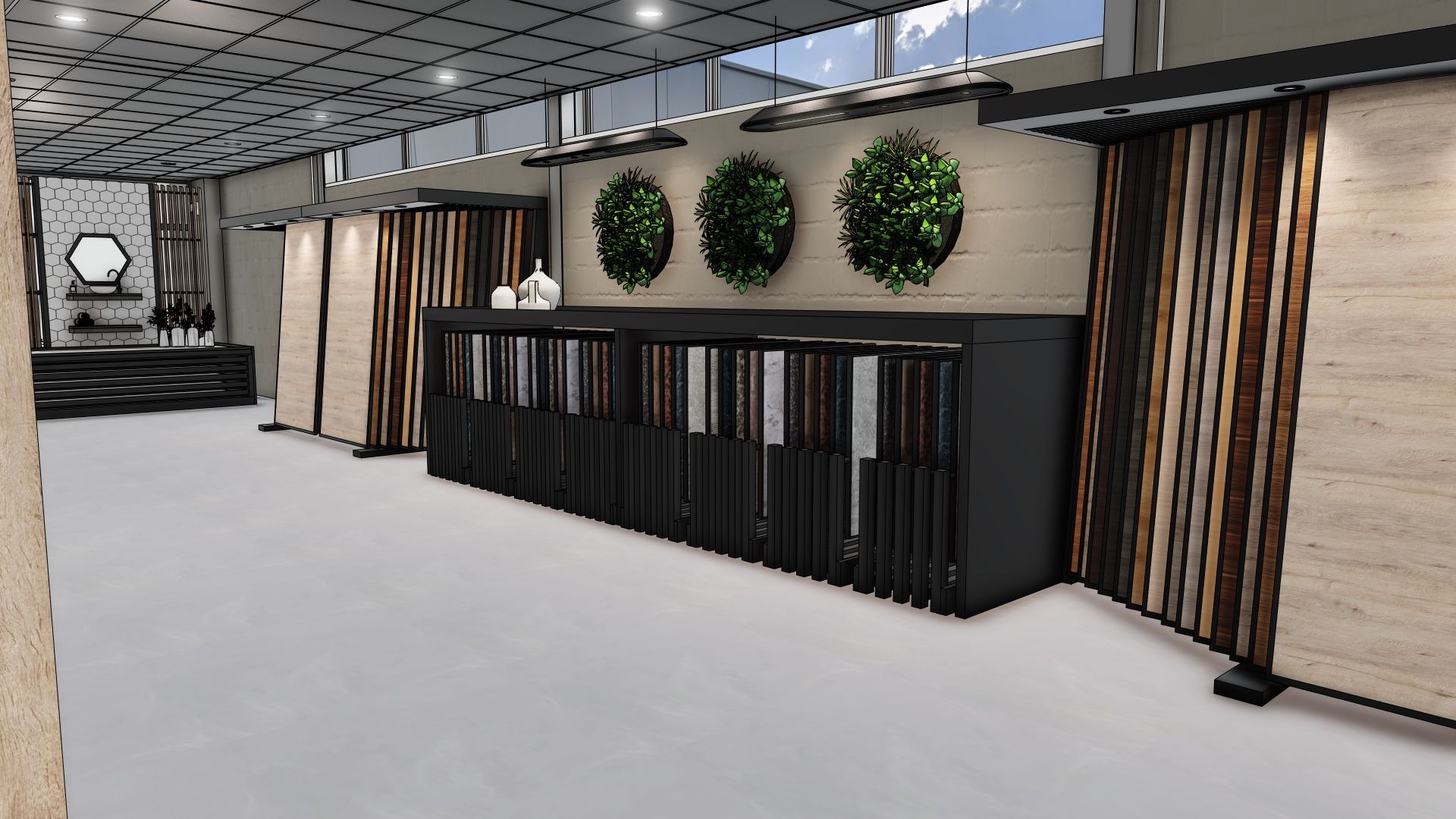 Moderne hotellobby met zwarte receptiebalie, planten aan de muur en scheidingswanden met houten accenten.