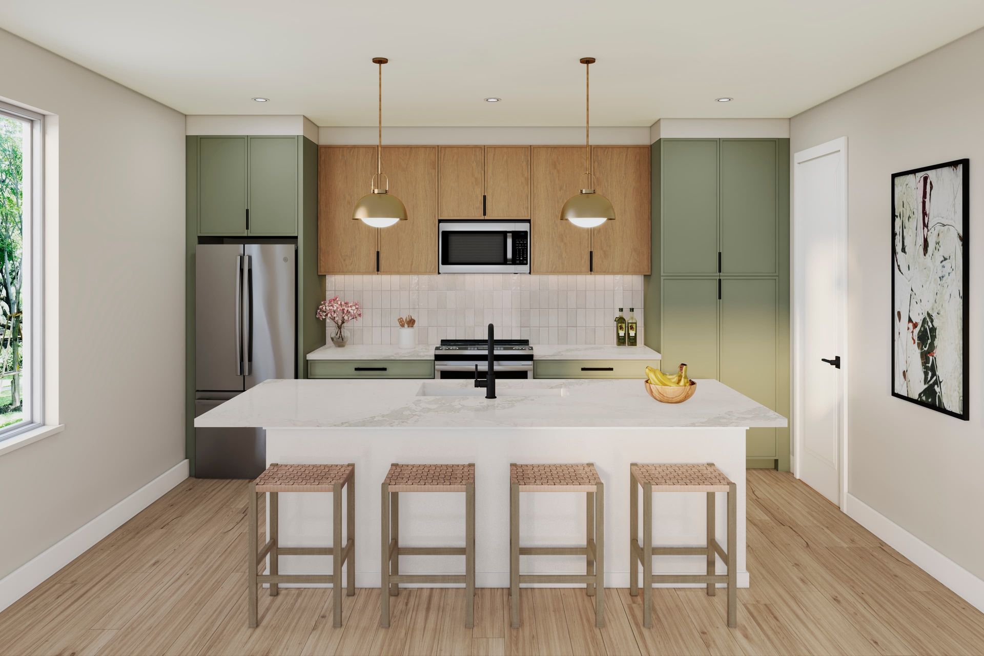 Modern kitchen with wood and green cabinets, island with stools, stainless steel appliances, and pendant lights.