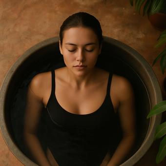 Woman in black swimsuit, eyes closed, sitting in a round stone tub.