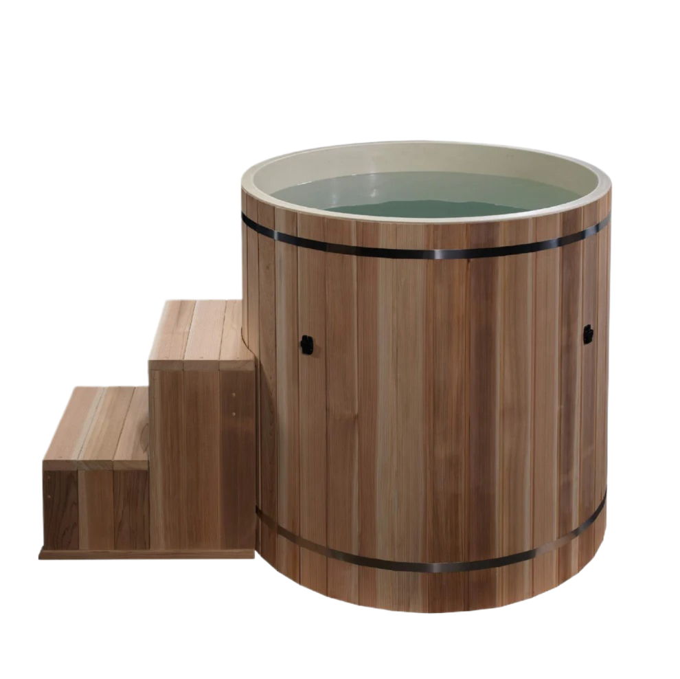 Wooden hot tub with attached steps, filled with water.